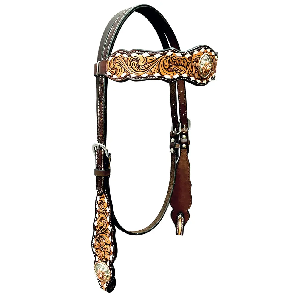 Bar H Equine Horse Genuine Leather Floral Design Breast Collar ,Headstall Brown 2