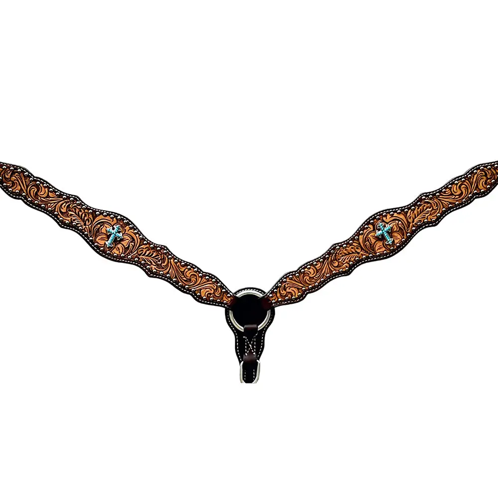 Bar H Equine Horse Genuine Leather Floral Design Breast Collar ,Headstall Brown 1