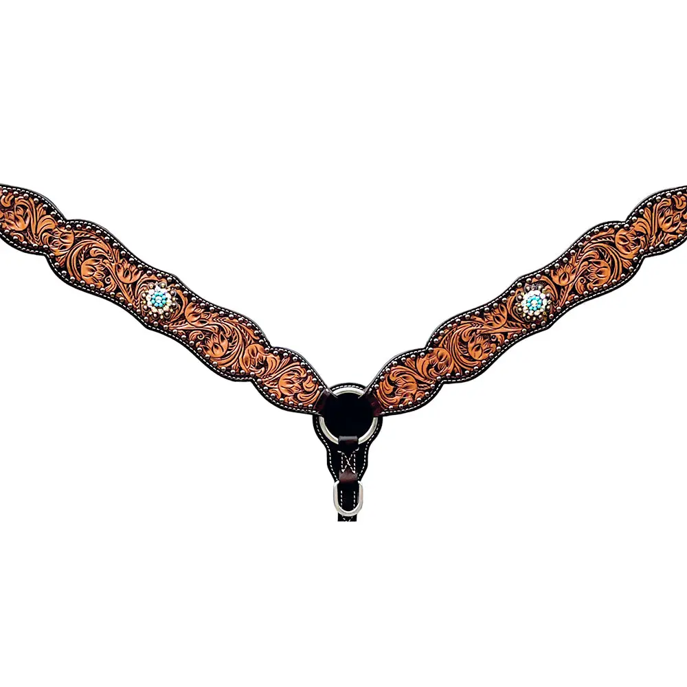 Bar H Equine Horse Genuine Leather Floral Design Breast Collar ,Headstall Brown 1