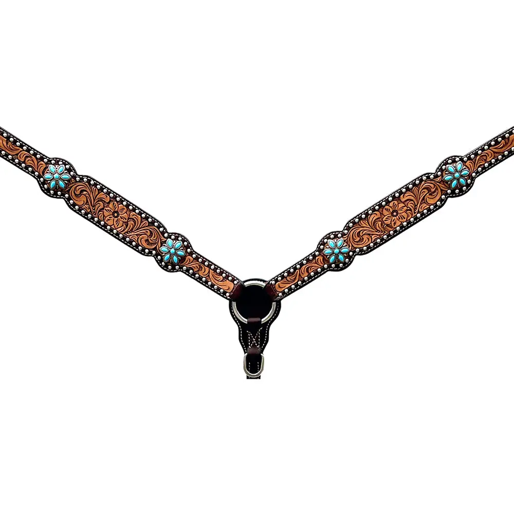 Bar H Equine Horse Genuine Leather Floral Design,Stud Breast Collar ,Headstall Brown 1