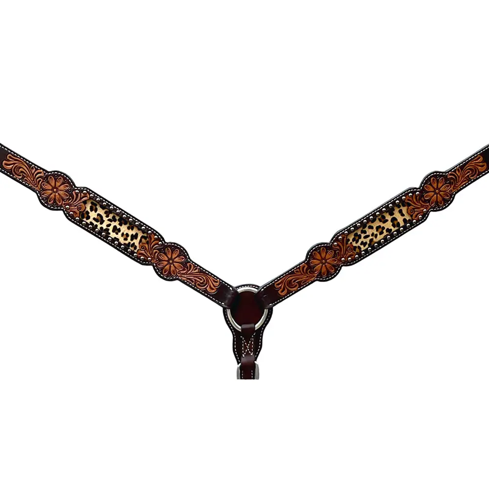 Bar H Equine Horse Genuine Leather Floral Design Breast Collar ,Headstall Brown 2