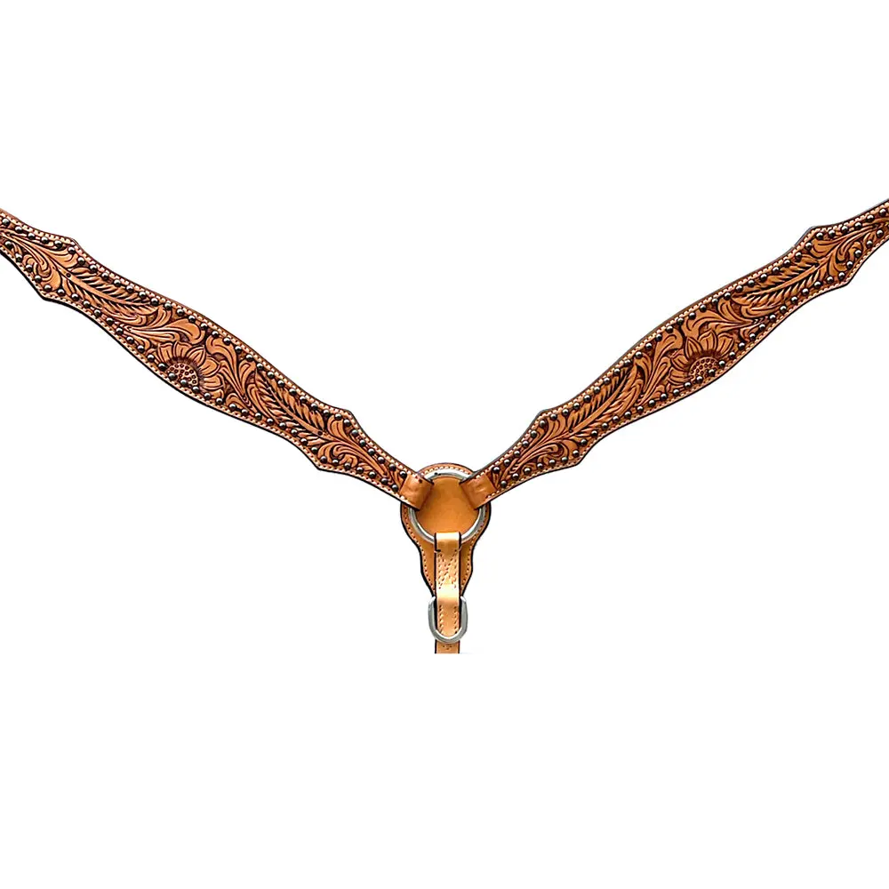 Bar H Equine Horse Genuine Leather Floral Design Breast Collar ,Headstall Tan 1