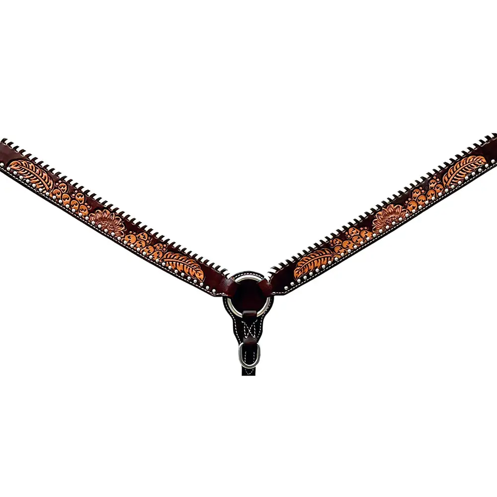 Bar H Equine Horse Genuine Leather Floral Design With Buckstitch Breast Collar ,Headstall Brown 1
