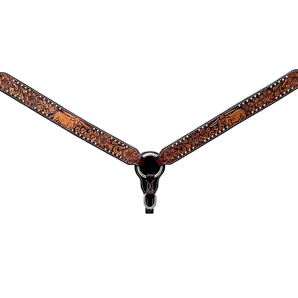 Bar H Equine Horse Genuine Leather Floral Design Breast Collar ,Headstall Brown 1