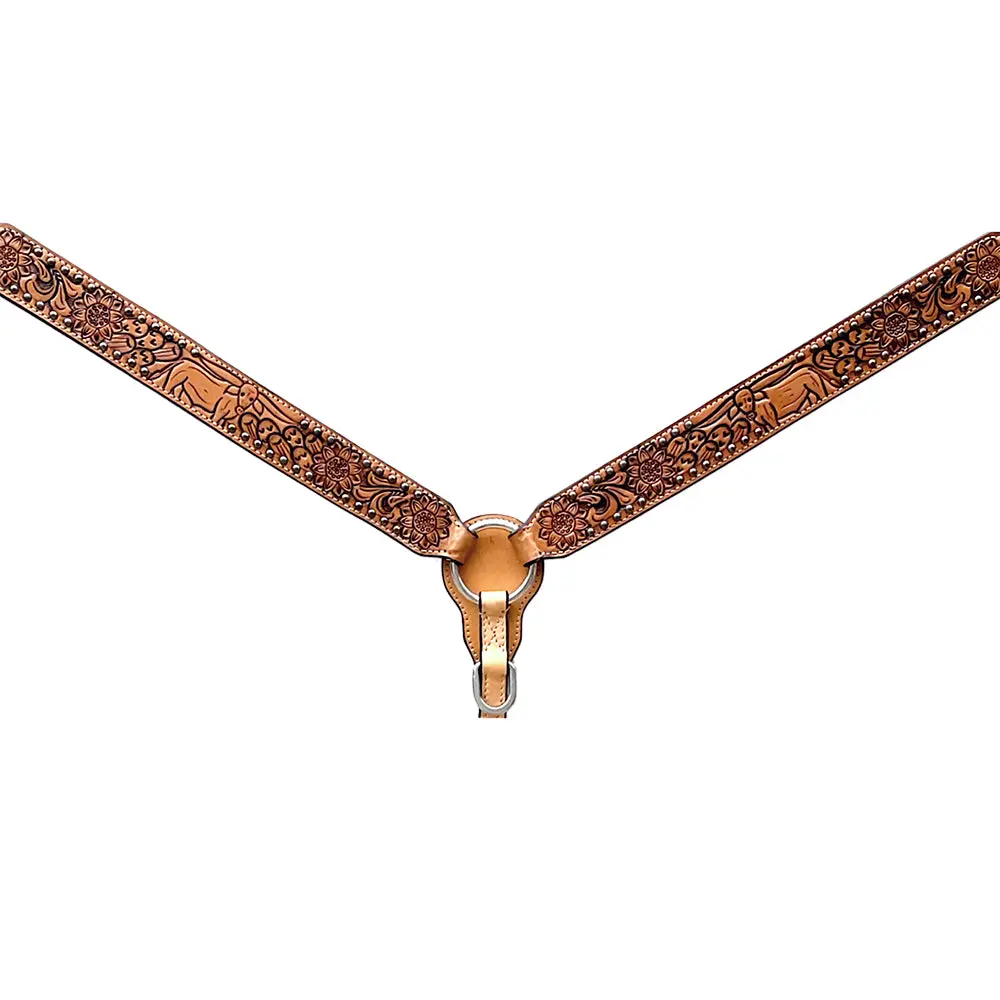 Bar H Equine Horse Genuine Leather Floral Design Breast Collar ,Headstall Tan 1