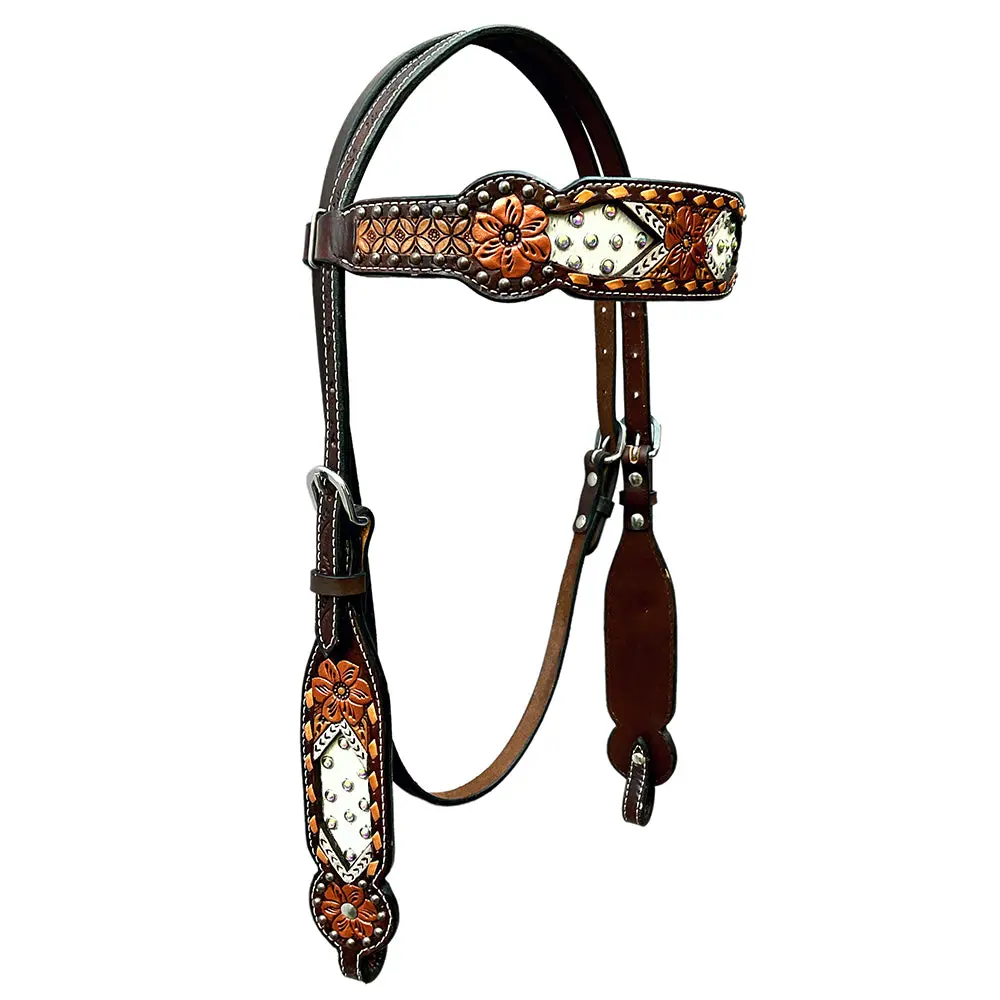 Bar H Equine Horse Genuine Leather Floral Design Breast Collar ,Headstall Brown 2
