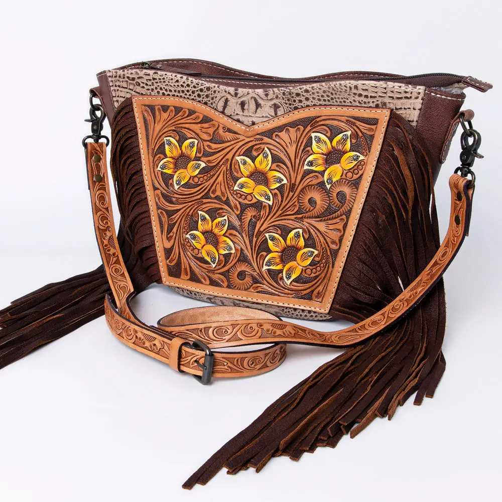 American Darling Hand-Tooled Leather Crossbody Bag For Women – Genuine Floral Carved Western Purse With Fringe And Adjustable Strap 1