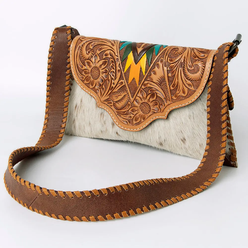 American Darling Hand-Tooled Hair-On Leather Wallet Handbag For Women – Genuine Cowhide Crossbody Purse With Tooled Flap And Contrast Stitching 1