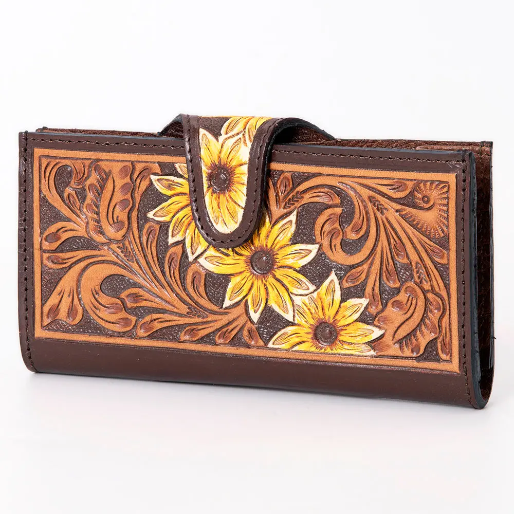 American Darling Hand-Tooled Leather Floral Wallet For Women – Genuine Full-Grain Leather Western Wallet With Sunflower Carving And Snap Closure 1