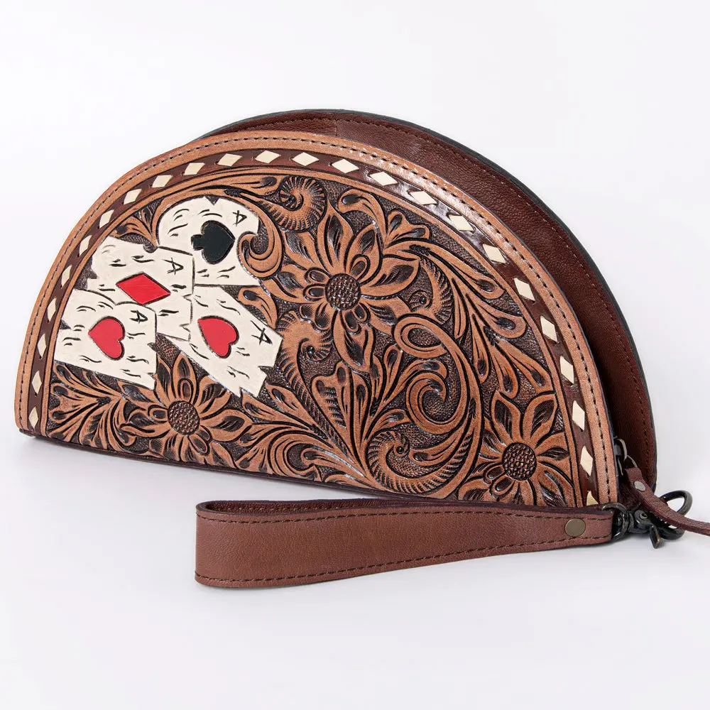 American Darling Hand-Tooled Leather Taco Clutch For Women – Genuine Full-Grain Leather Wristlet With Western Floral Carving And Playing Card Design 1
