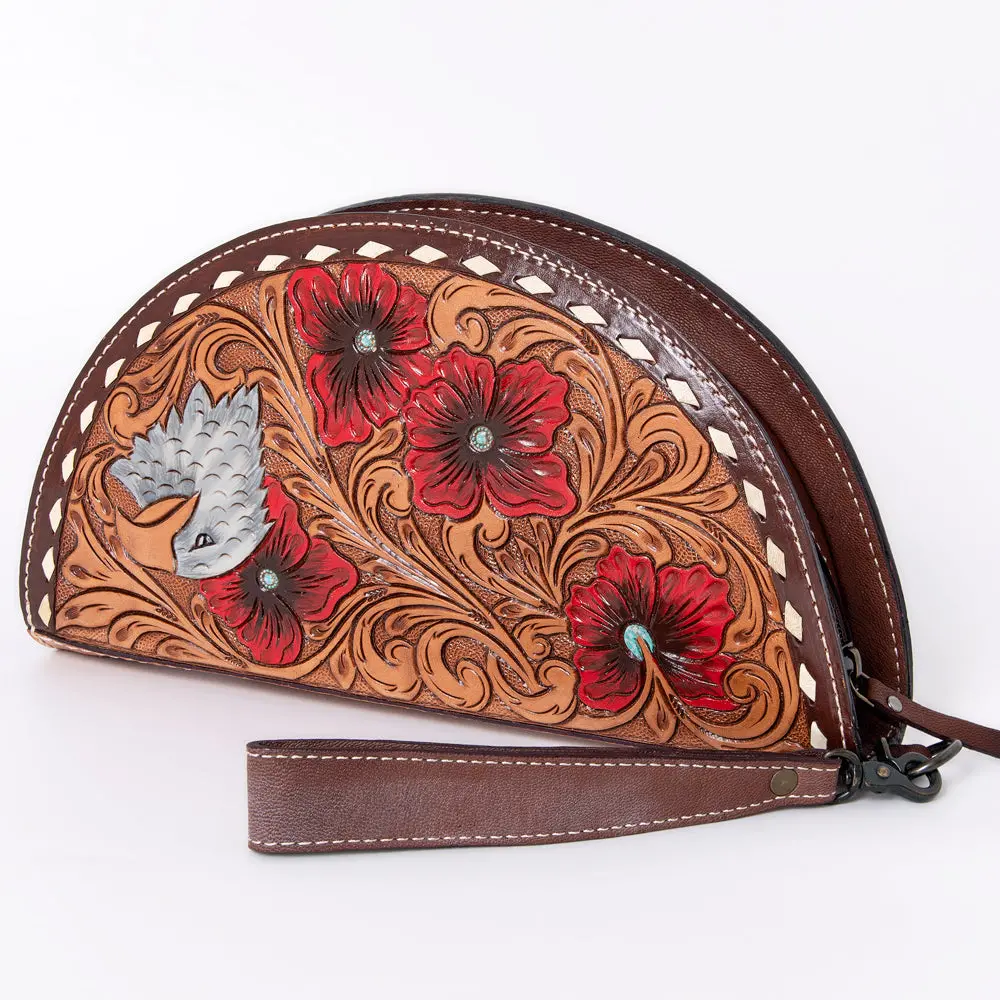 American Darling Hand-Tooled Leather Taco Handbag For Women – Genuine Full-Grain Leather Wristlet Clutch With Floral Carving And Zip Closure 1