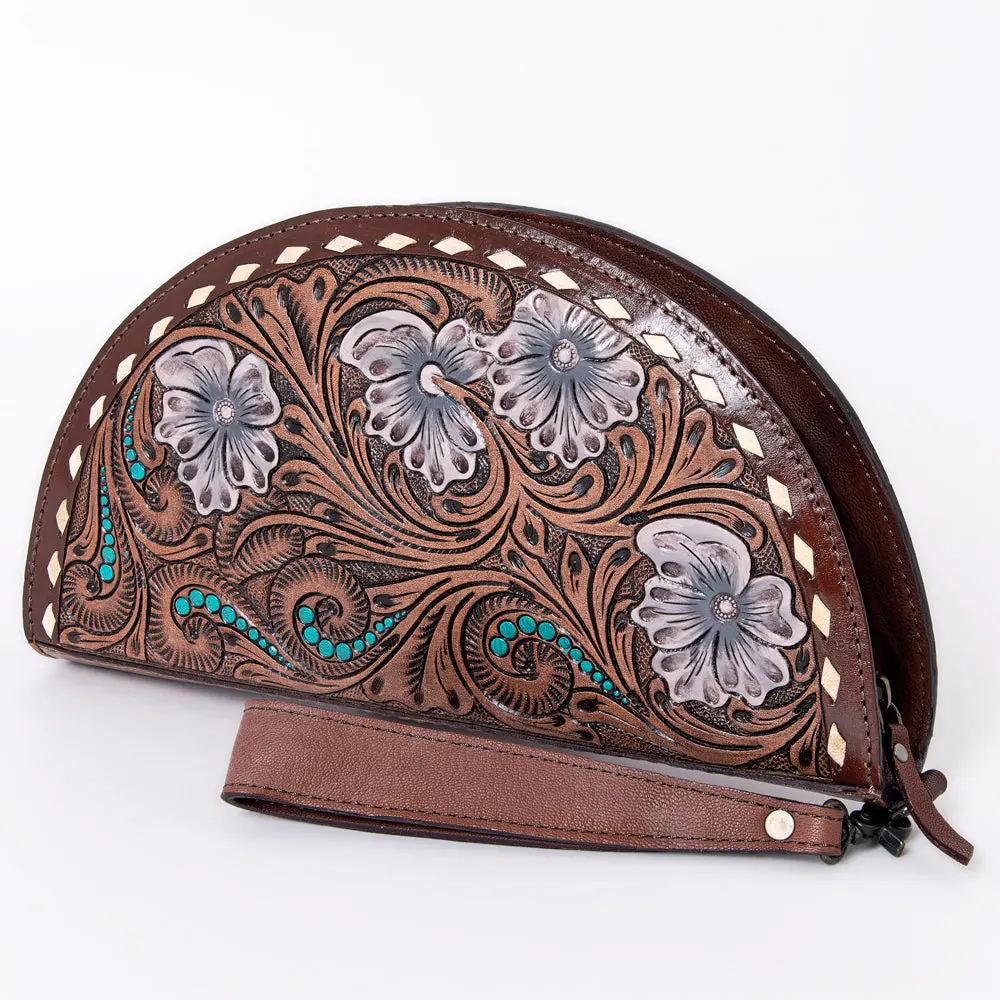 American Darling Hand-Tooled Leather Taco Handbag For Women – Genuine Full-Grain Leather Wristlet Clutch With Floral Carving And Zip Closure 1