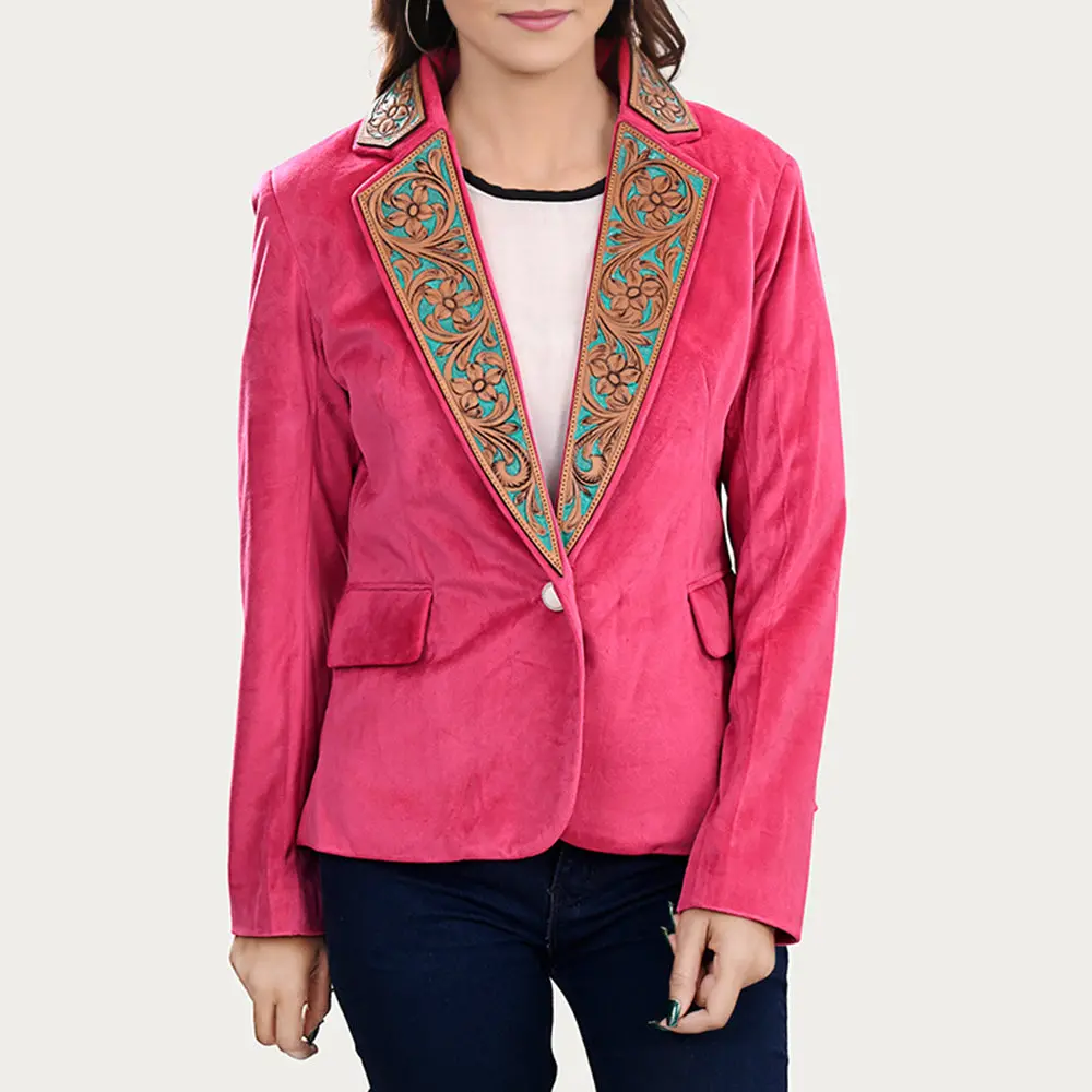American Darling Genuine Leather Hand Tooled Carved Women 100% Cotton Denim Blazer Dress Shirt Ladies | Vintage Jacket 1