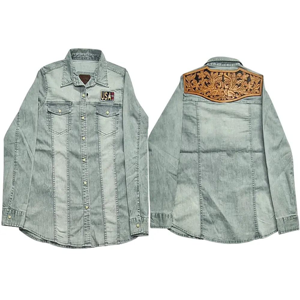 American Darling Genuine Leather Hand Tooled Carved Women 100% Cotton Denim Shirt Jacket Girl | Vintage 1
