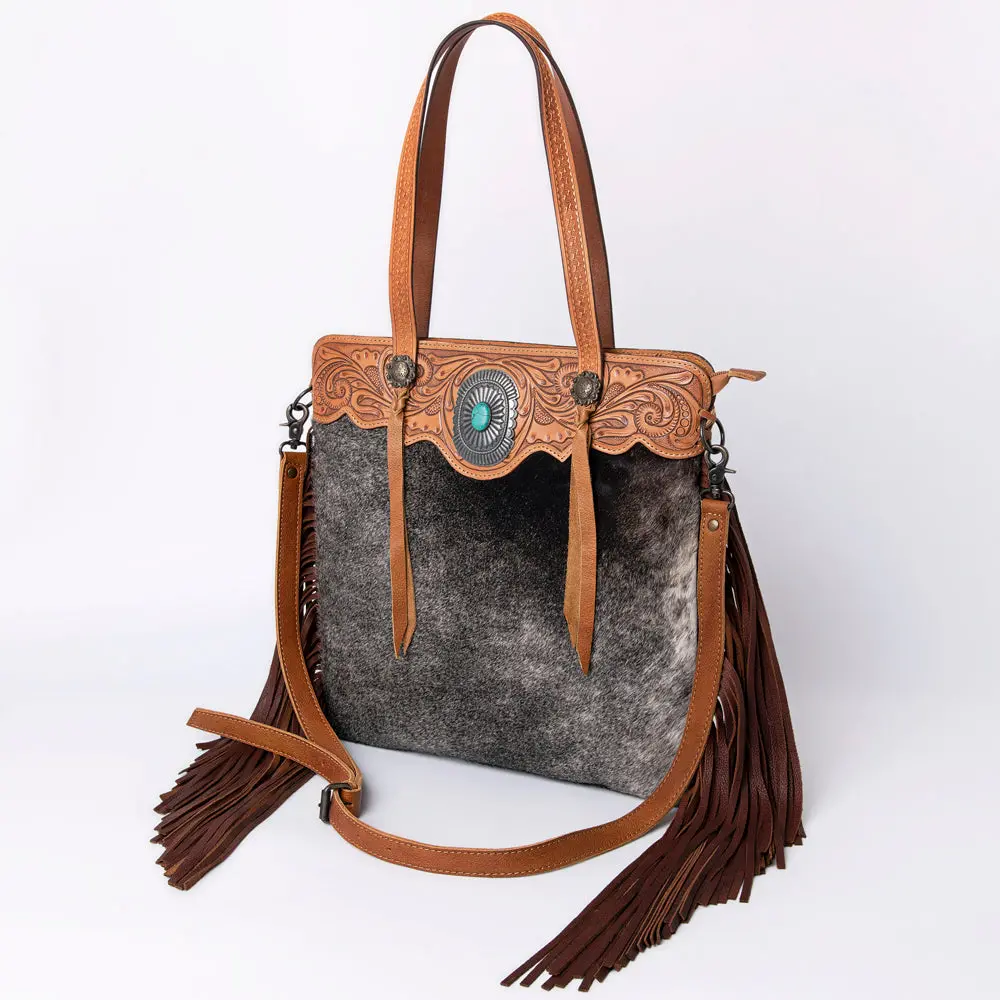 American Darling Tote Bag, Genuine Leather Western Purse With Hair-On Cowhide, Hand Tooled Floral & Turquoise Concho 1