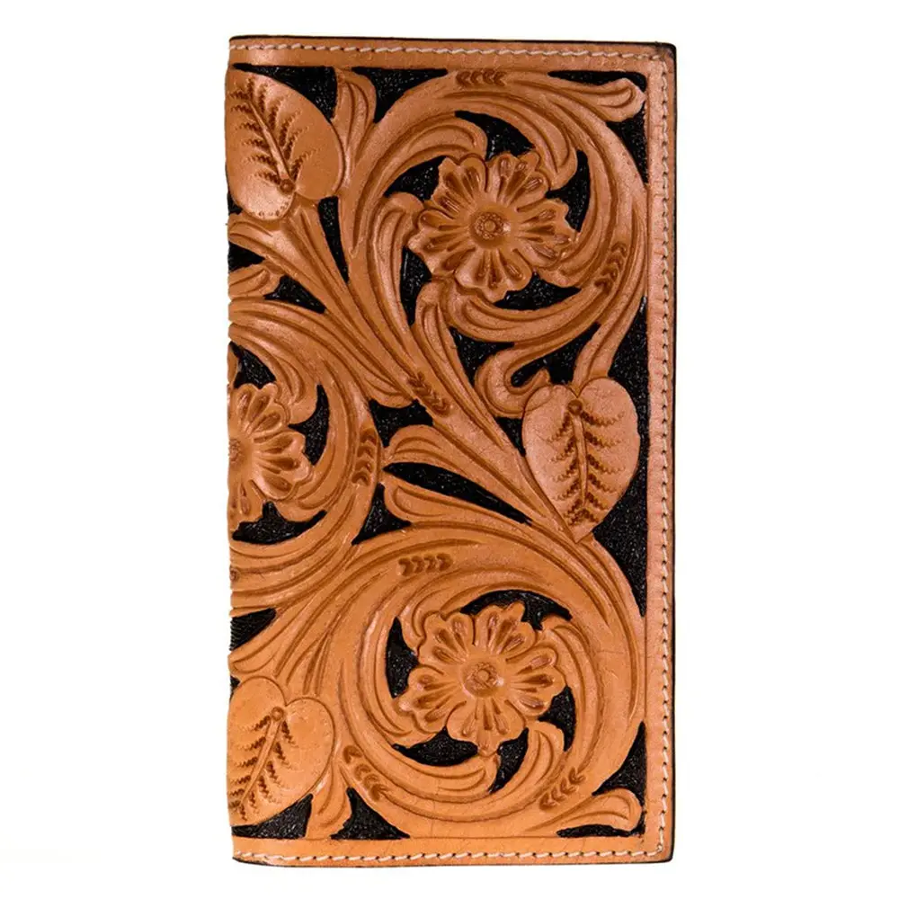 Hilason Western Hand-Tooled Natural Leather Floral Bifold Wallet Black Contrast 1