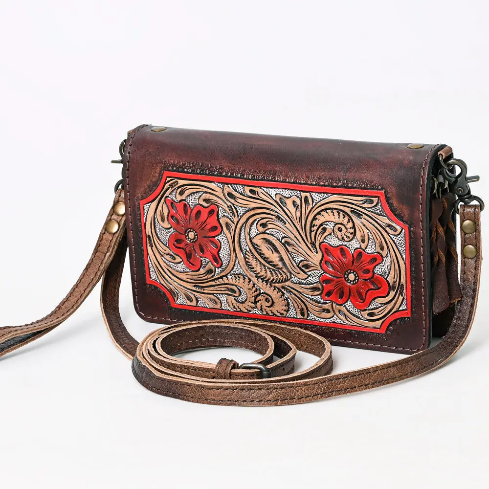 American Darling Western Organizer Crossbody Bag – Genuine Leather Hand-Tooled Floral Design With Flower Inlay And Adjustable Strap 1
