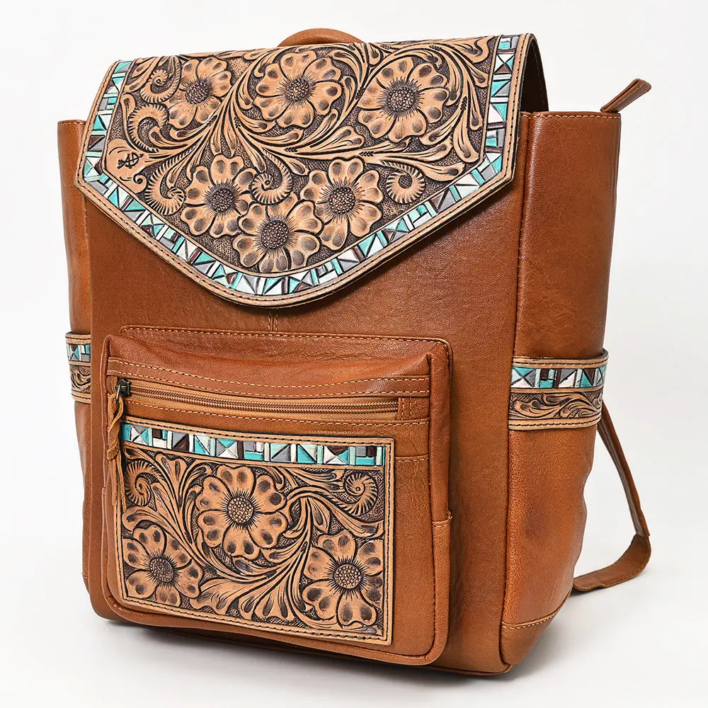 American Darling Hand-Tooled Leather Backpack, Genuine Leather Floral Carved Western Bag With Front Pocket, Everyday Travel Backpack 1