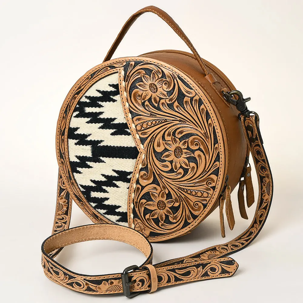 American Darling Hand-Tooled Leather Canteen Bag, Genuine Leather Round Crossbody With Woven Saddle Blanket And Floral Carving 1