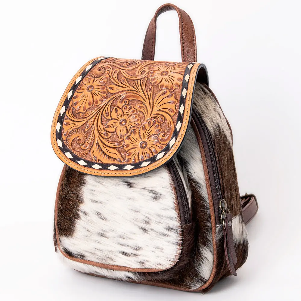 American Darling Hair-On Cowhide Mini Backpack With Hand-Tooled Floral Leather Flap Western Small Backpack 1