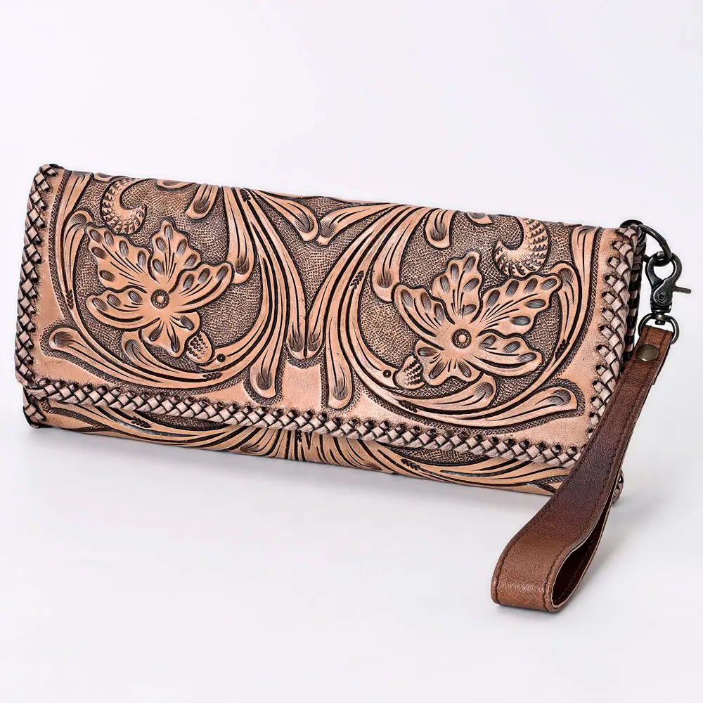 American Darling Western Hand-Tooled Leather Wallet Handbag For Women – Genuine Leather Floral Carved Designer Purse With Wristlet Strap 1