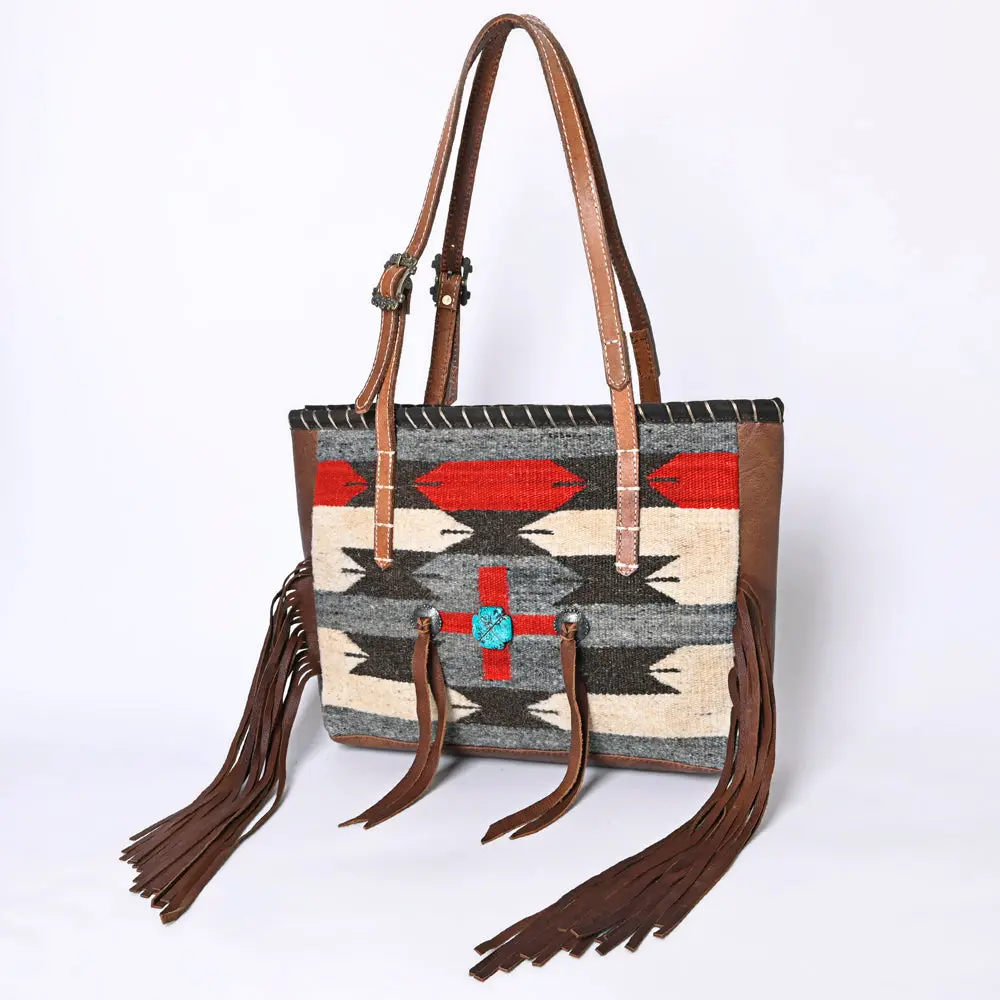 American Darling Western Leather Tote Bag With Fringe, Handwoven Saddle Blanket Panel, Adjustable Strap & Premium Genuine Leather 1