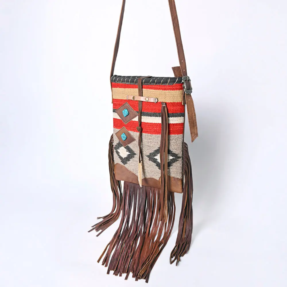 American Darling Western Leather Crossbody Bag With Fringe, Handwoven Saddle Blanket Panel, Adjustable Strap & Premium Genuine Leather 1