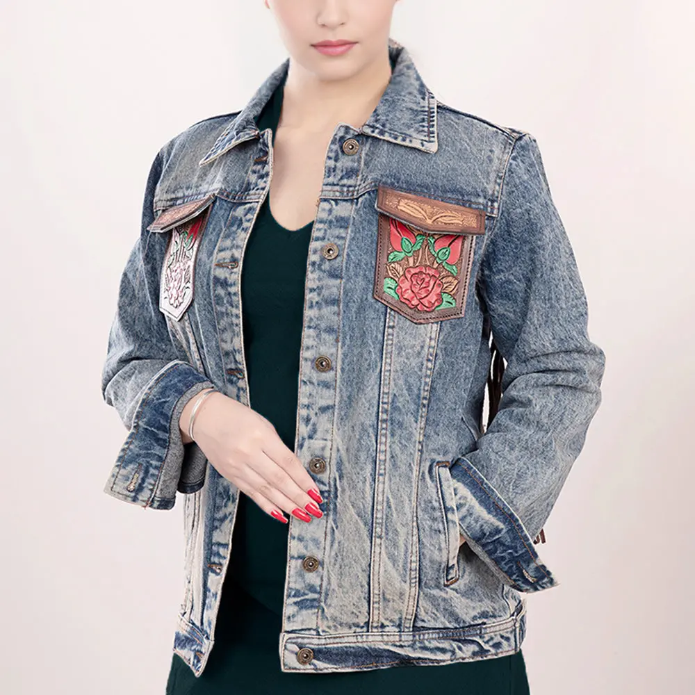 American Darling Genuine Leather Hand Tooled Carved Women 100% Cotton Denim Jacket Dress Ladies Girl | Shirt For 4