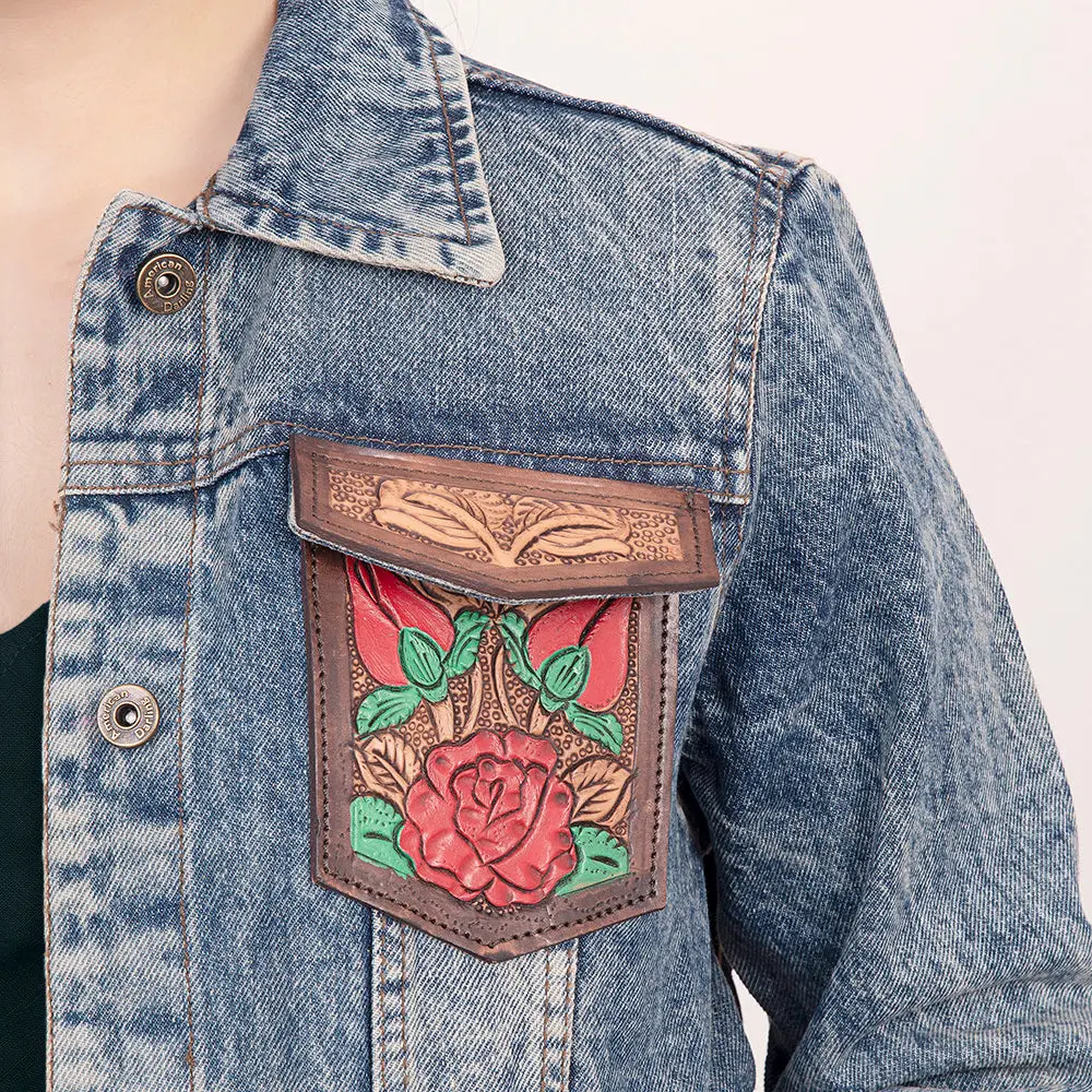 American Darling Genuine Leather Hand Tooled Carved Women 100% Cotton Denim Jacket Dress Ladies Girl | Shirt For 5