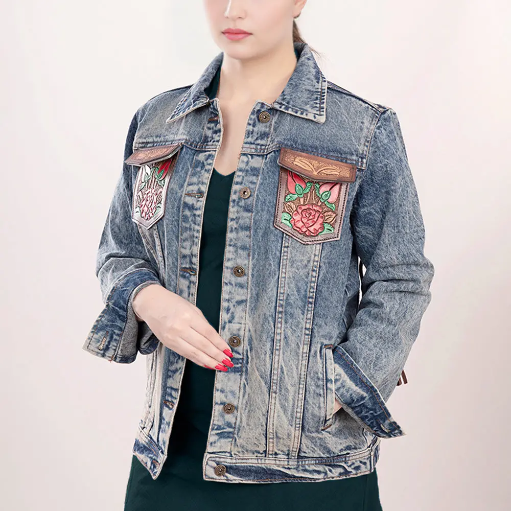 American Darling Genuine Leather Hand Tooled Carved Women 100% Cotton Denim Jacket Dress Ladies Girl | Shirt For 6