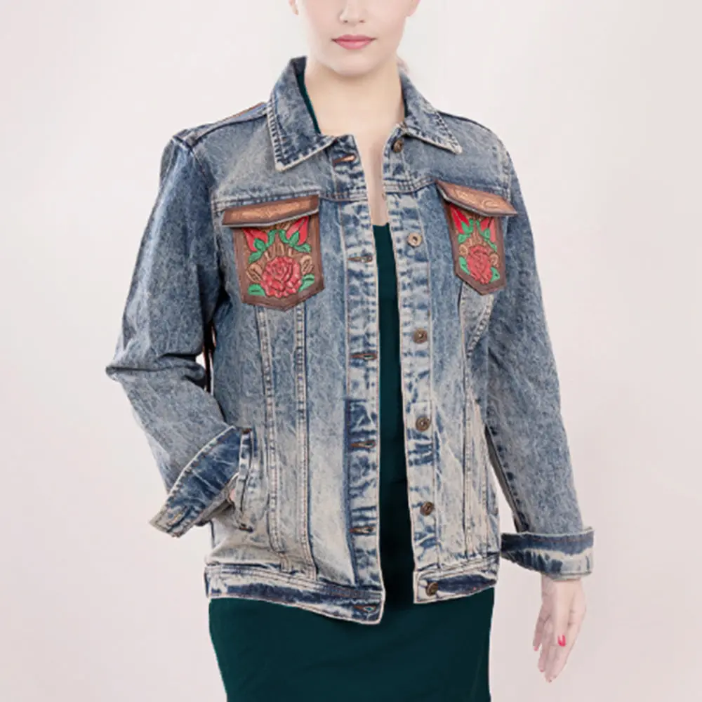 American Darling Genuine Leather Hand Tooled Carved Women 100% Cotton Denim Jacket Dress Ladies Girl | Shirt For 3