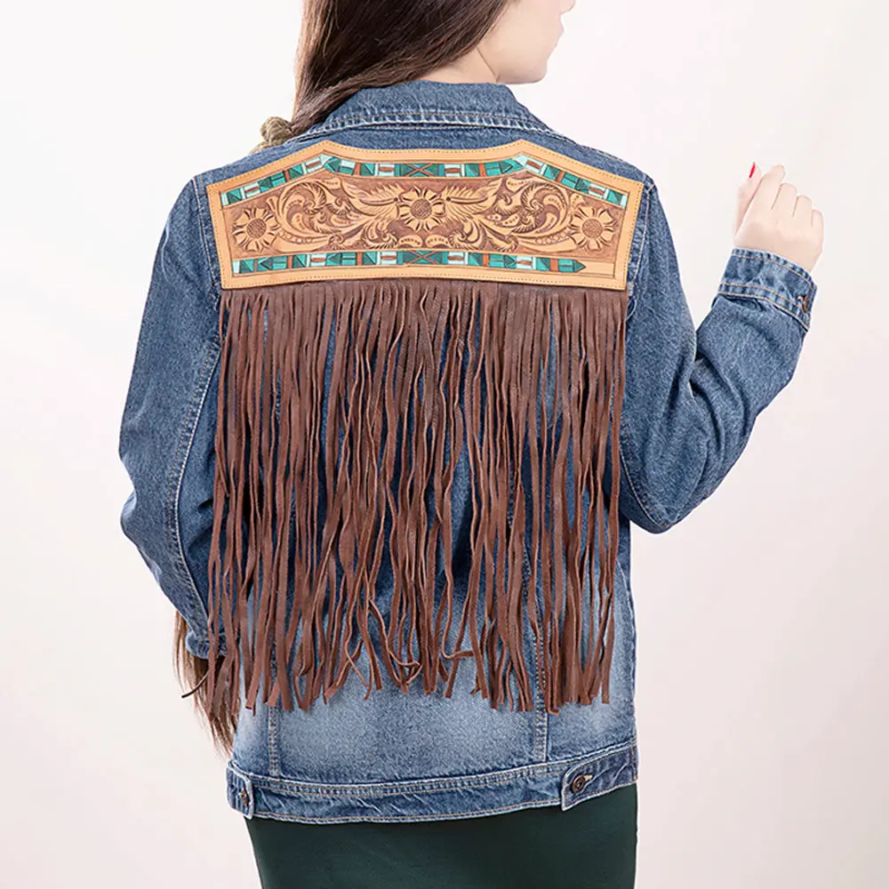 American Darling Genuine Leather Hand Tooled Carved Women 100% Cotton Denim Jacket Dress Ladies Girl | Shirt For 1