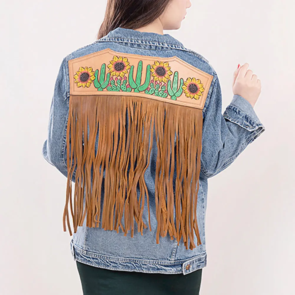 American Darling Genuine Leather Hand Tooled Carved Women 100% Cotton Denim Jacket Dress Ladies Girl | Shirt For 1
