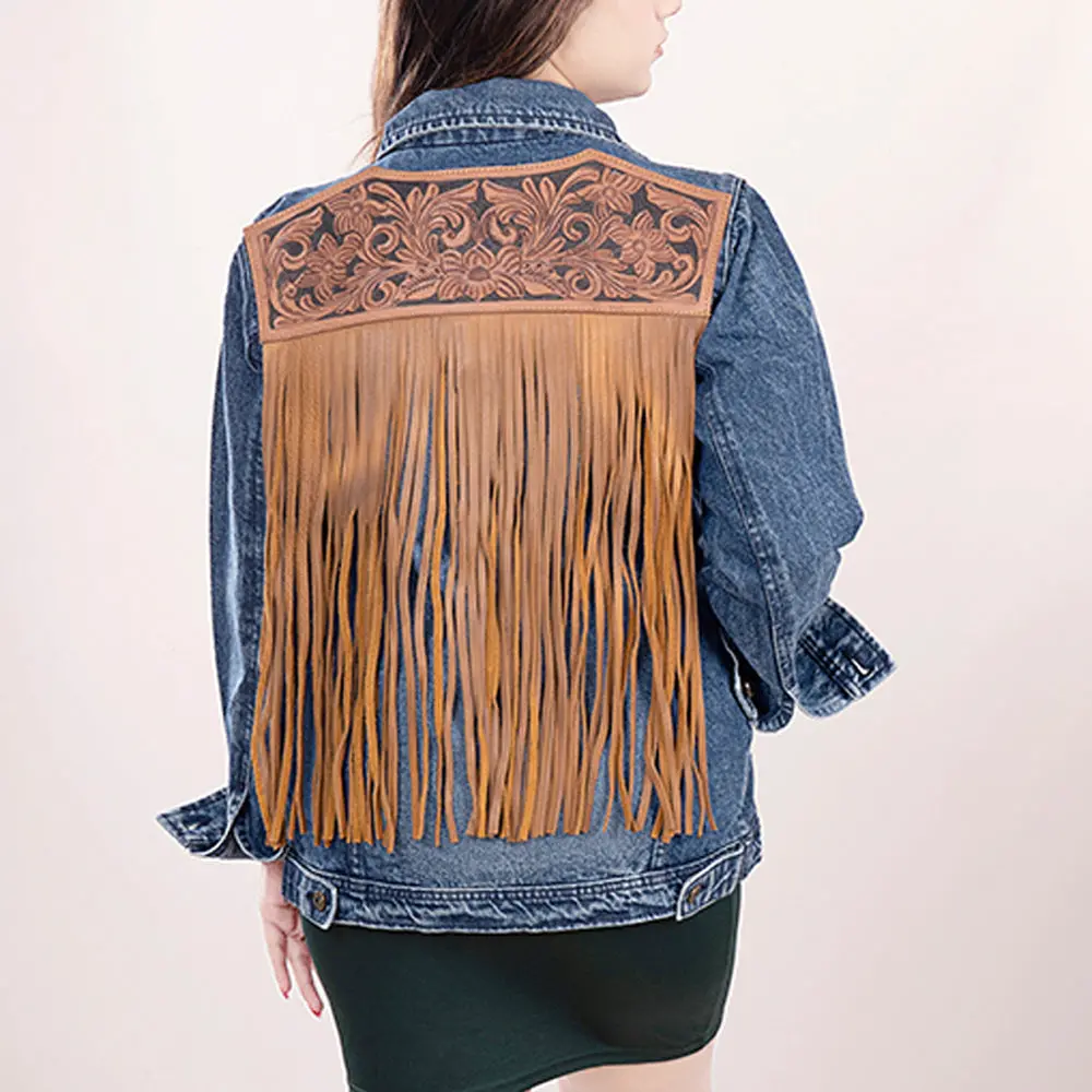 American Darling Genuine Leather Hand Tooled Carved Women 100% Cotton Denim Jacket Dress Ladies Girl | Shirt For 1