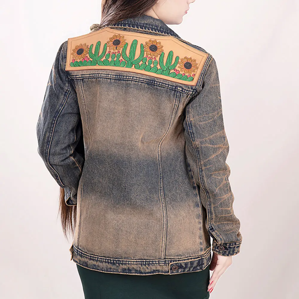 American Darling Genuine Leather Hand Tooled Carved Women 100% Cotton Denim Jacket Dress Ladies Girl | Shirt For 1