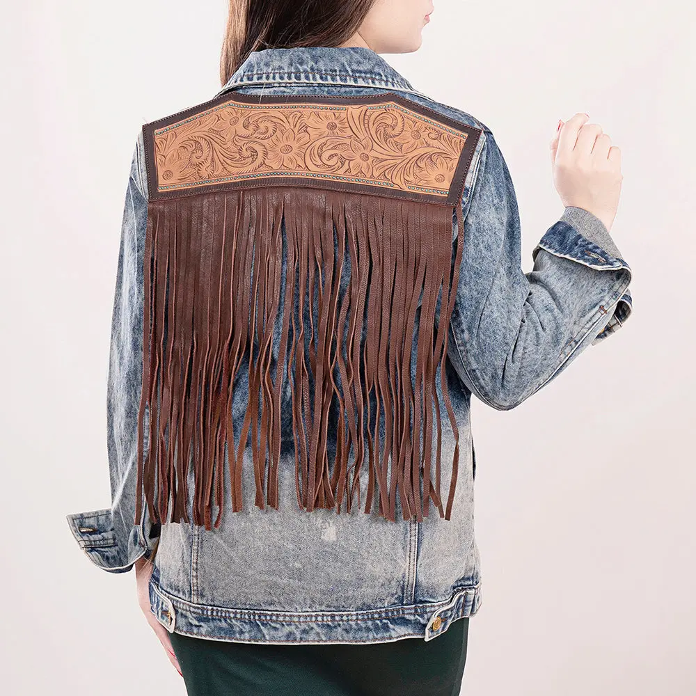 American Darling Genuine Leather Hand Tooled Carved Women 100% Cotton Denim Jacket Dress Ladies Girl | Shirt For 1