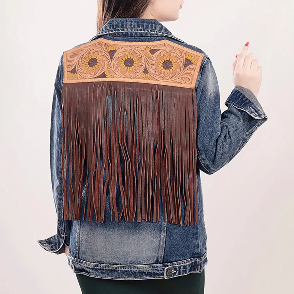 American Darling Genuine Leather Hand Tooled Carved Women 100% Cotton Denim Jacket Dress Ladies Girl | Shirt For 1
