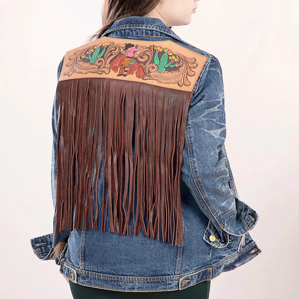 American Darling Genuine Leather Hand Tooled Carved Women 100% Cotton Denim Jacket Dress Ladies Girl | Shirt For 1