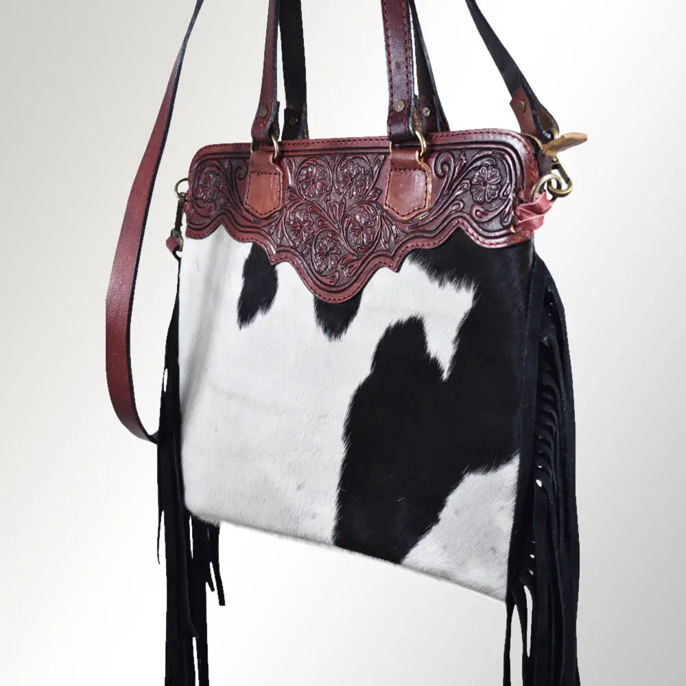 American Darling Large Cross Body Bag Handcrafted From Hair-On Cowhide & Hand Tooled Leather With Fringes And Ykk Zipper 1