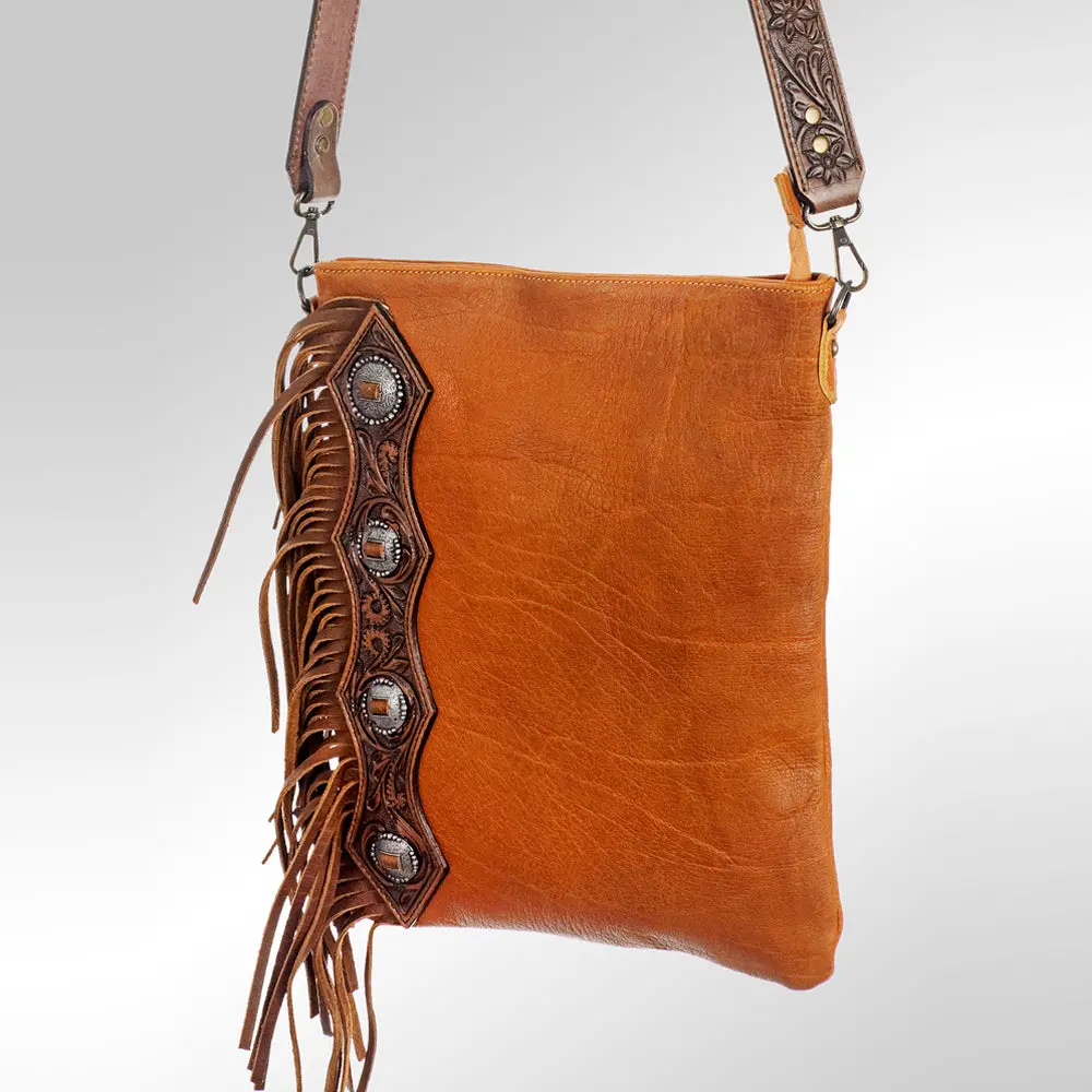 American Darling Chaps Bag Handcrafted From Hand Tooled Floral Leather With Metallic Conchos, Fringes, And Ykk Zipper 1