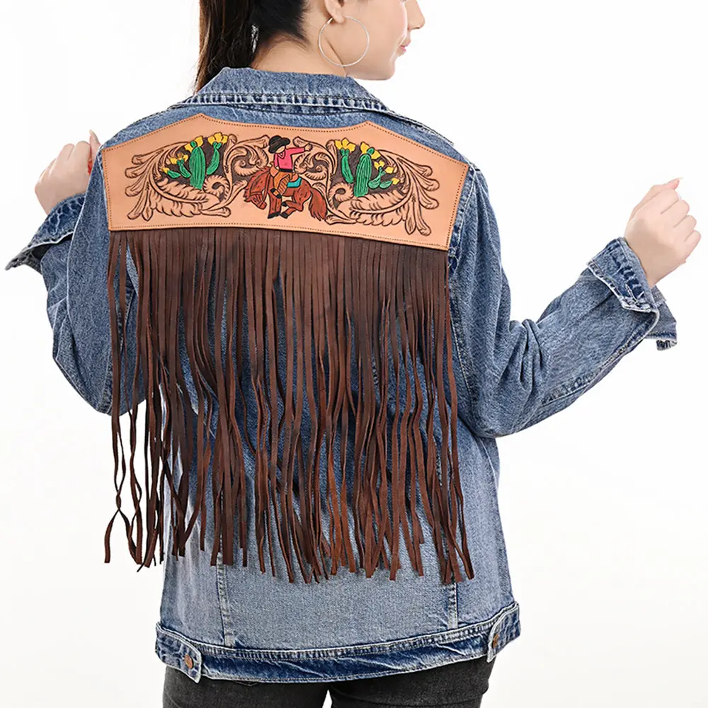 American Darling Genuine Leather Hand Tooled Carved Women 100% Cotton Denim Jacket Dress Ladies Girl | Shirt For 1