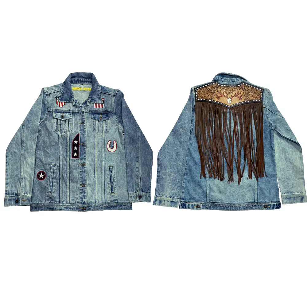American Darling Genuine Leather Hand Tooled Carved Women 100% Cotton Denim Jacket Dress Ladies Girl | Shirt For 1