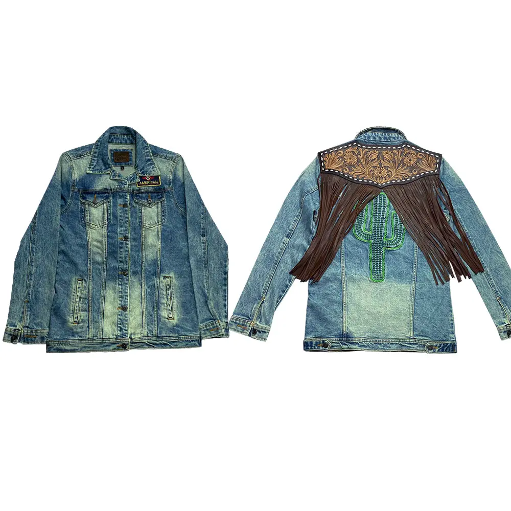 American Darling Genuine Leather Hand Tooled Carved Women 100% Cotton Denim Jacket Dress Ladies Girl | Shirt For 1