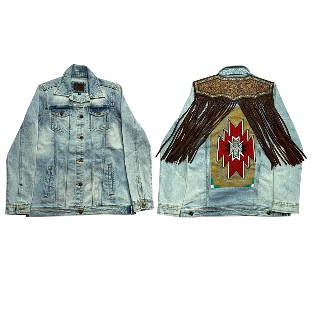 American Darling Genuine Leather Hand Tooled Carved Women 100% Cotton Denim Jacket Dress Ladies Girl | Shirt For 3