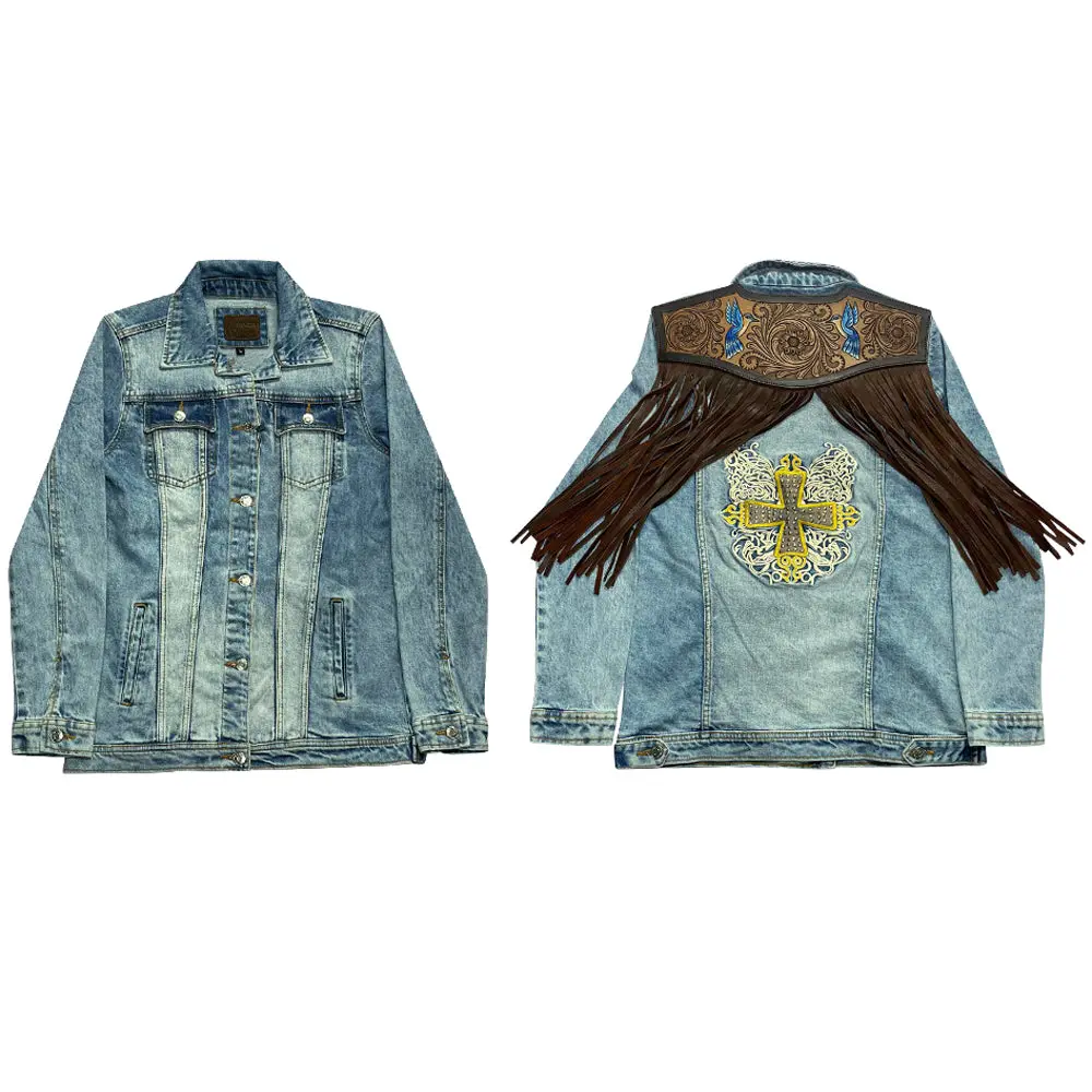 American Darling Genuine Leather Hand Tooled Carved Women 100% Cotton Denim Jacket Dress Ladies Girl | Shirt For 1
