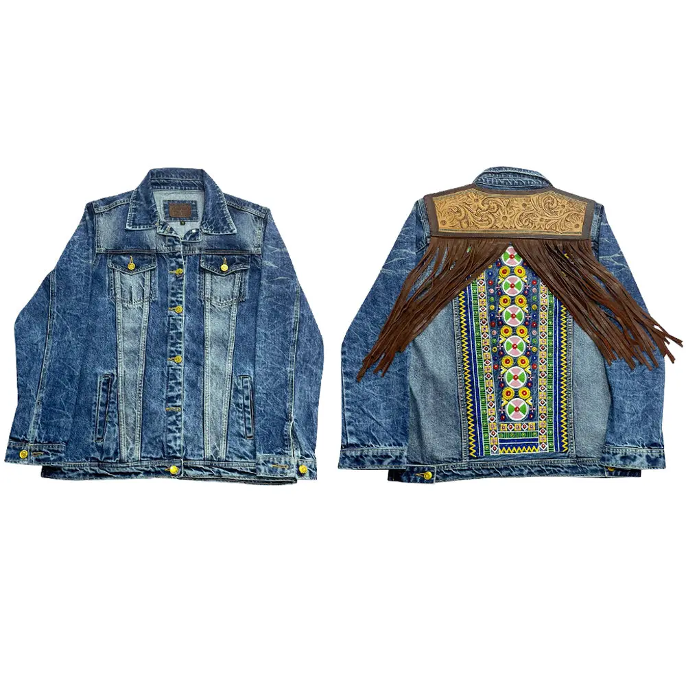 American Darling Genuine Leather Hand Tooled Carved Women 100% Cotton Denim Jacket Dress Ladies Girl | Shirt For 1