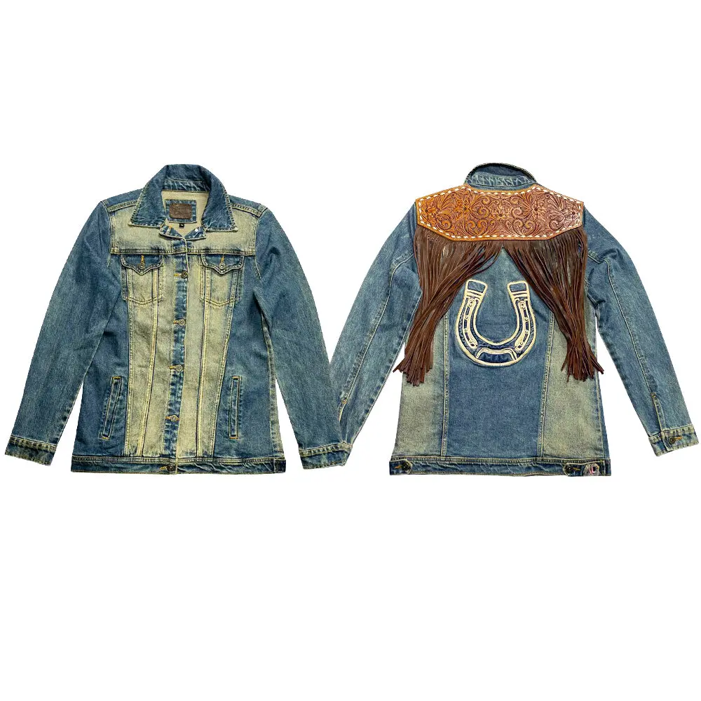 American Darling Genuine Leather Hand Tooled Carved Women 100% Cotton Denim Jacket Dress Ladies Girl | Shirt For 3
