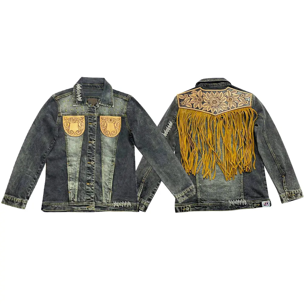 American Darling Genuine Leather Hand Tooled Carved Women 100% Cotton Denim Jacket Dress Ladies Girl | Shirt For 1