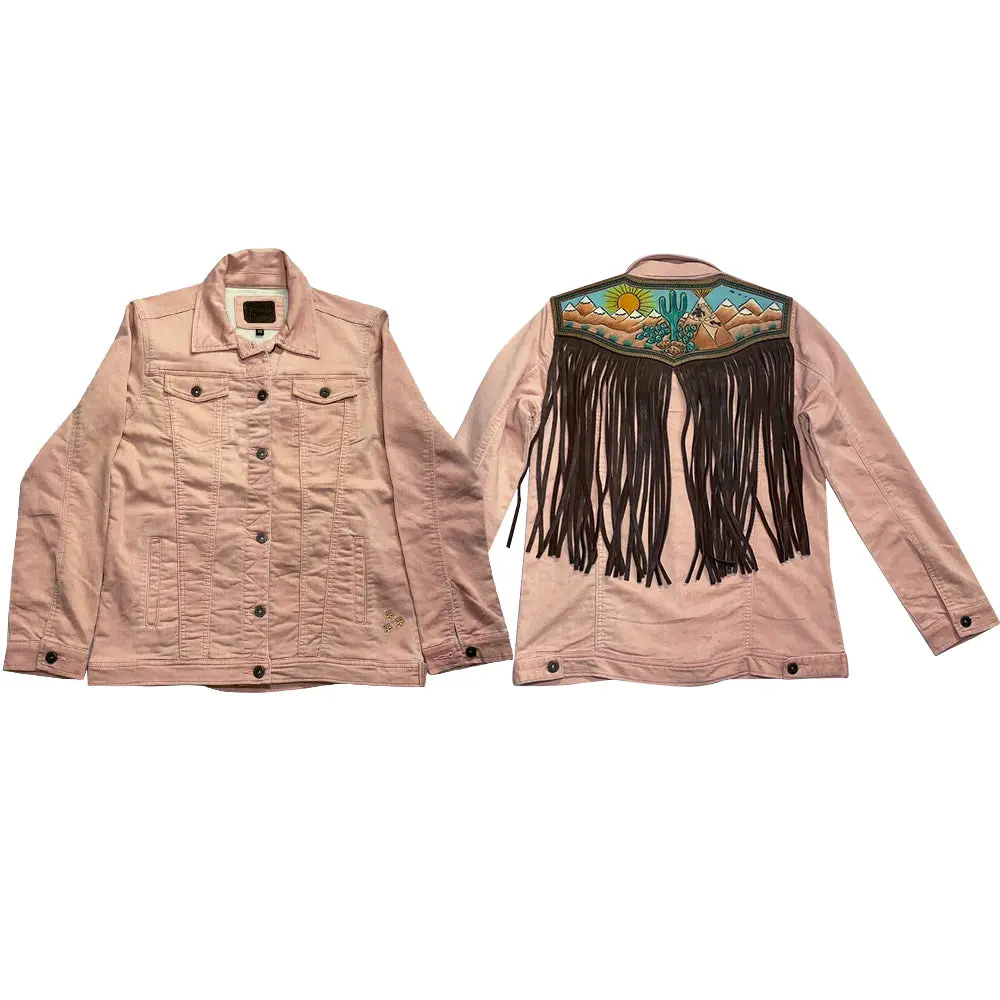 American Darling Genuine Leather Hand Tooled Carved Women 100% Cotton Denim Jacket Dress Ladies Girl | Shirt For 1
