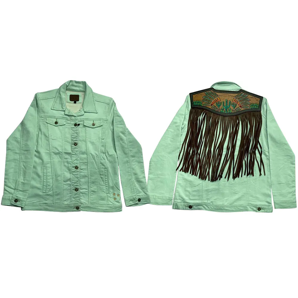 American Darling Genuine Leather Hand Tooled Carved Women 100% Cotton Denim Jacket Dress Ladies Girl | Shirt For 1